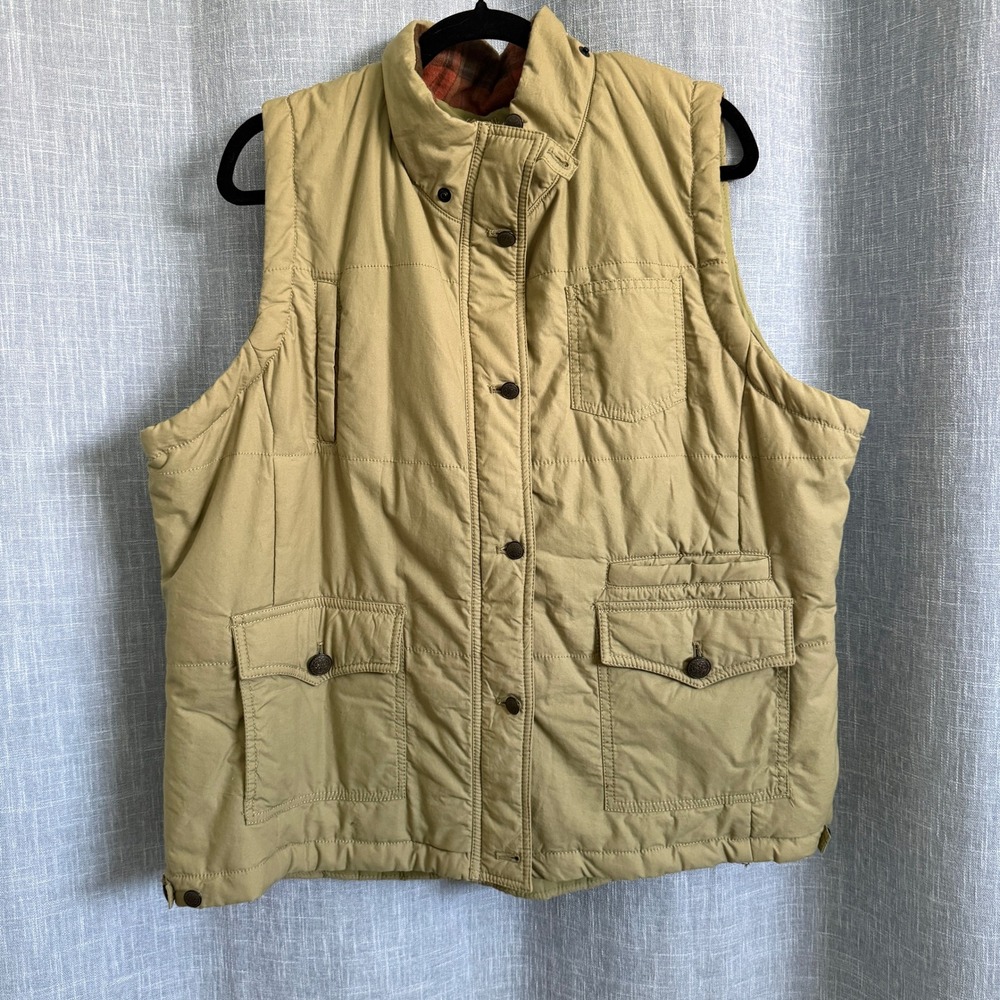 Natural Reflections Puffer Vest 1X Tan Khaki Quilted Flannel Lined Utility